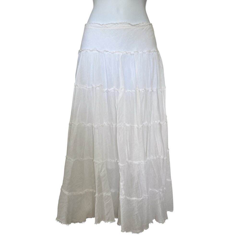Vintage 90s Y2k White Cotton Gauze Tiered Boho Fairy Whimsy Cottage Midi Skirt S